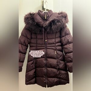 Laundry By Shelli Segal Burgundy Puffer Coat with Faux Fur